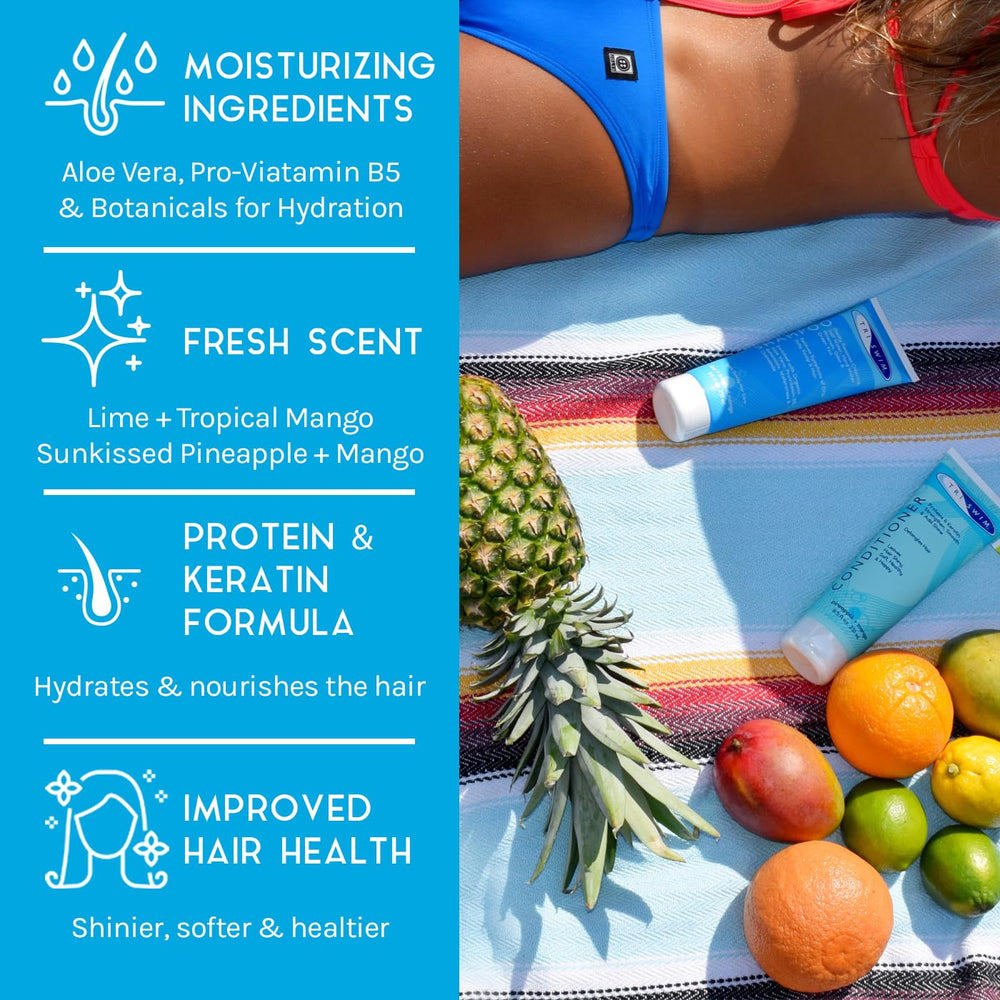 TRISWIM shampoo bottle close-up dispensing, removes chlorine buildup quickly