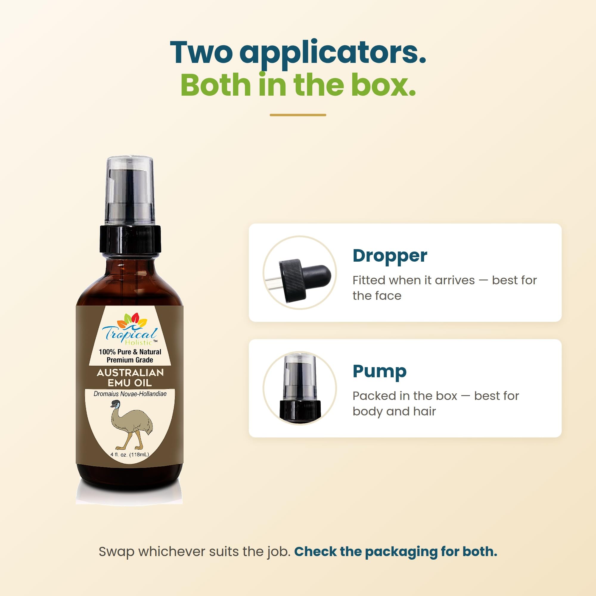 Tropical Holistic label close-up highlighting pure Australian emu oil benefits