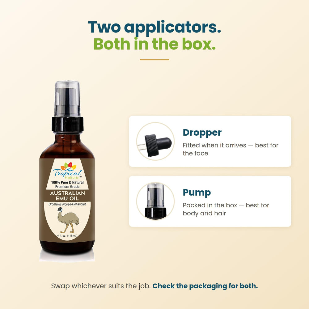 Tropical Holistic label close-up highlighting pure Australian emu oil benefits