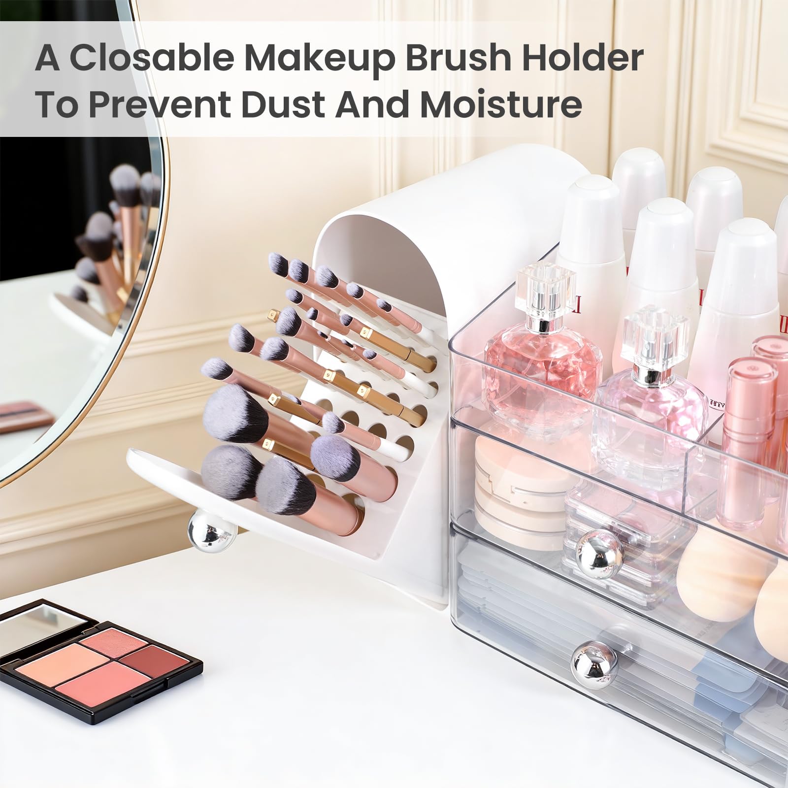 TRQWRO makeup brushes in 27 slots demonstrating organized, quick selection