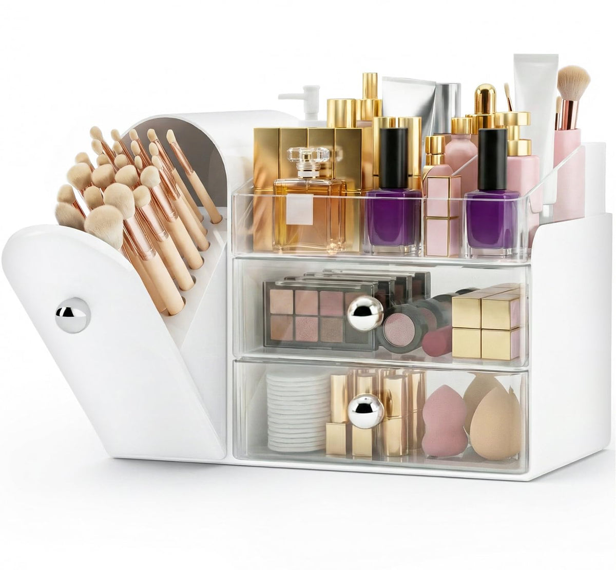 TRQWRO front view of white organizer showing neat cosmetic arrangement and easy access