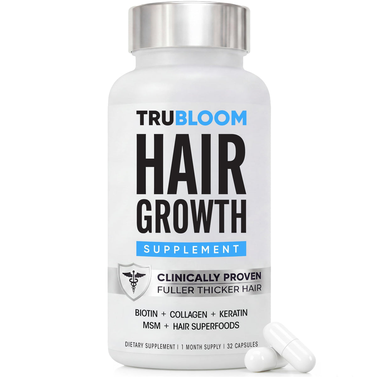 TRU BLOOM front bottle view showing supplement benefits and packaging
