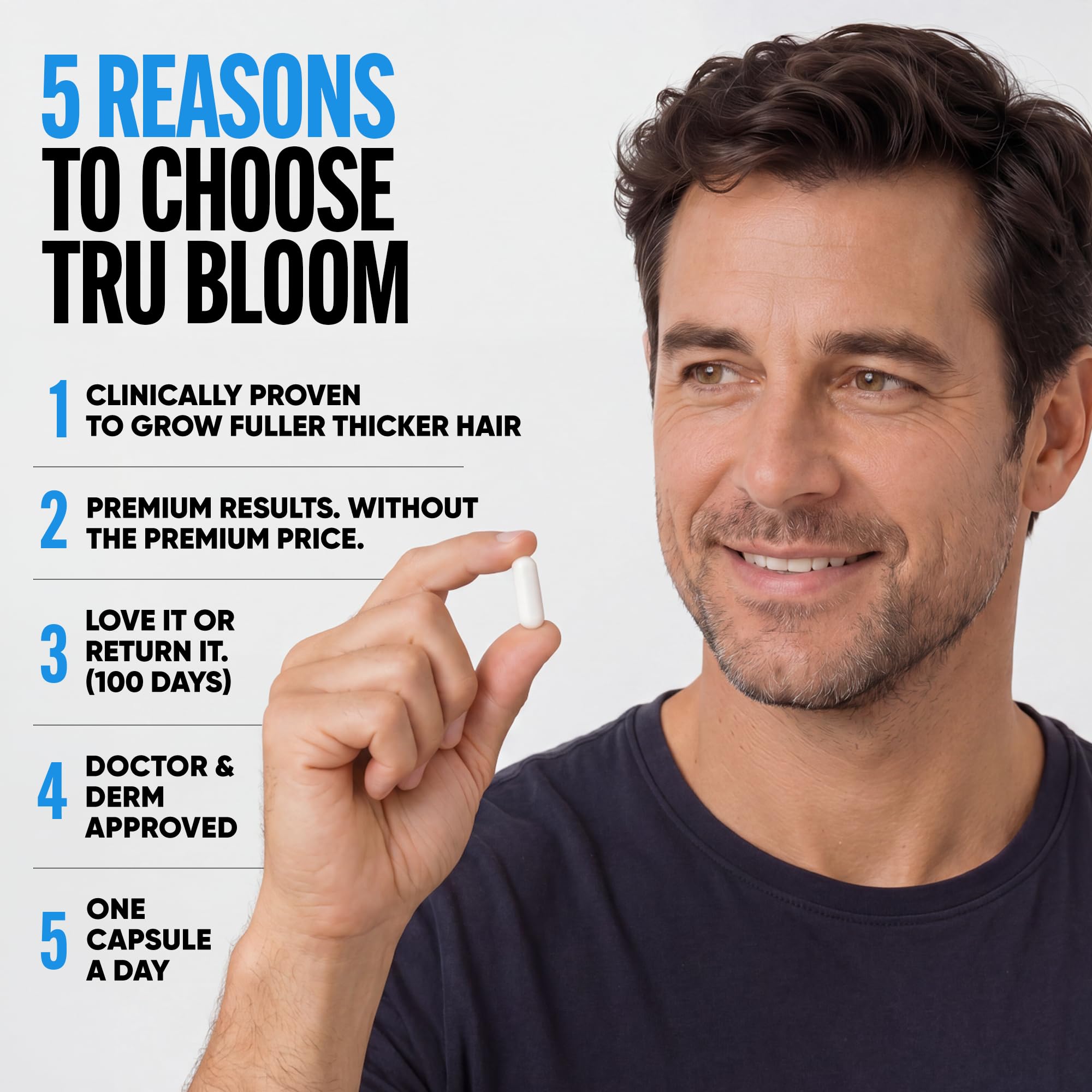 TRU BLOOM capsule in hand to show size and convenient daily dose