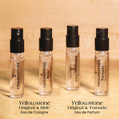 Tru Fragrance Beauty Yellowstone Original cologne 2 ml vial close-up showing glass texture and cap