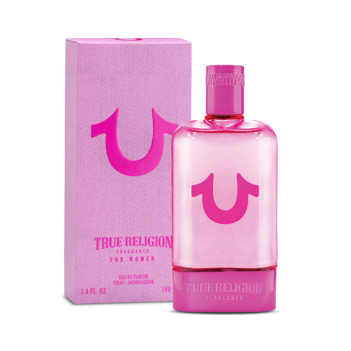 True Religion bottle front packaging showing label and pretty pink glass, conveys modern confidence