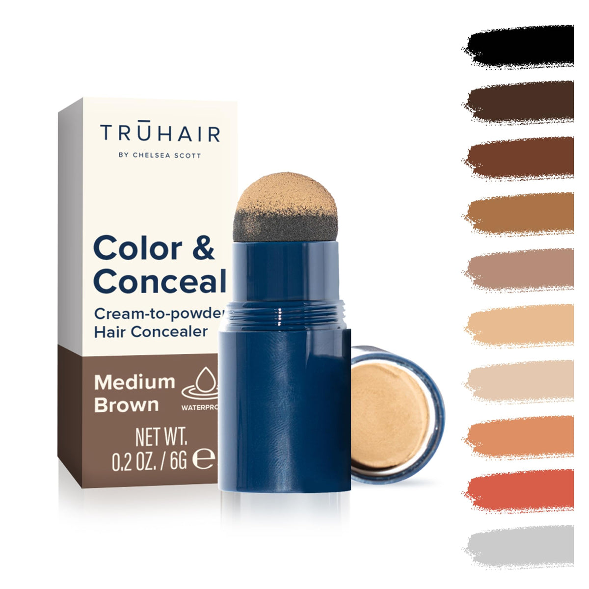 Truhair front packaging in medium brown showing compact concealer and benefit of quick coverage
