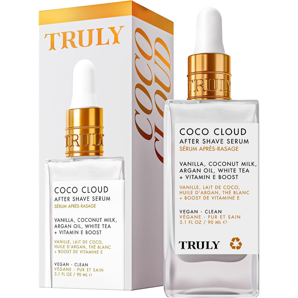 Truly bottle front view showing clean post-shave serum packaging and cooling benefit
