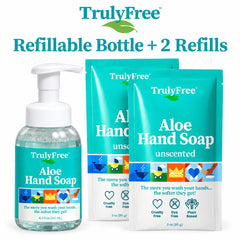 Truly Free dispenser close-up highlighting pump durability and refill ease