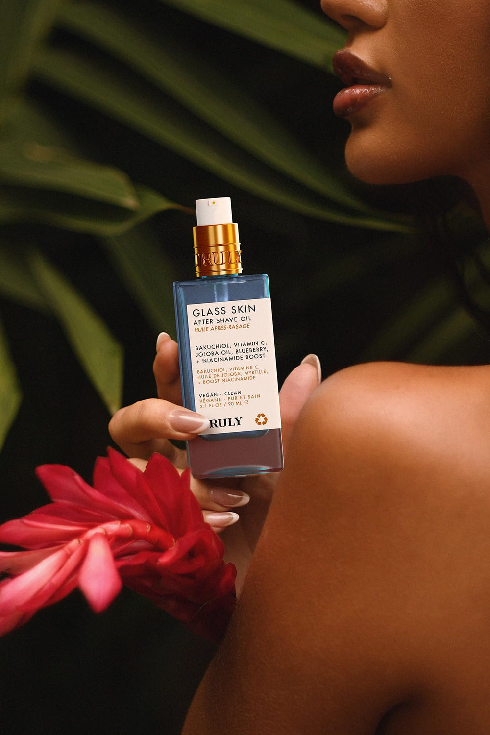 Truly oil with coconut milk prop showing creamy scent and soothing benefit