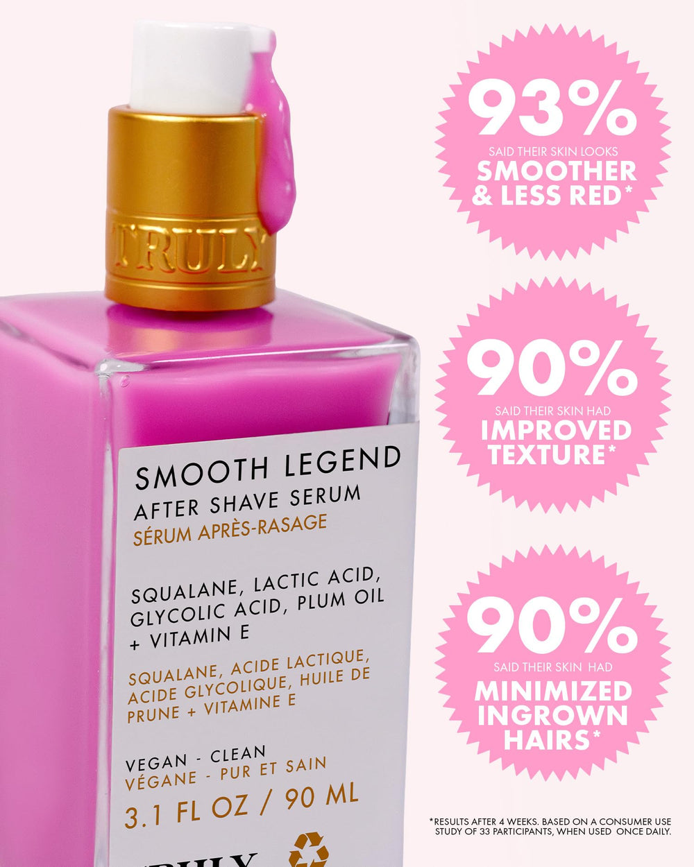 Truly bottle with ingredient cards highlighting exfoliating and hydrating benefits