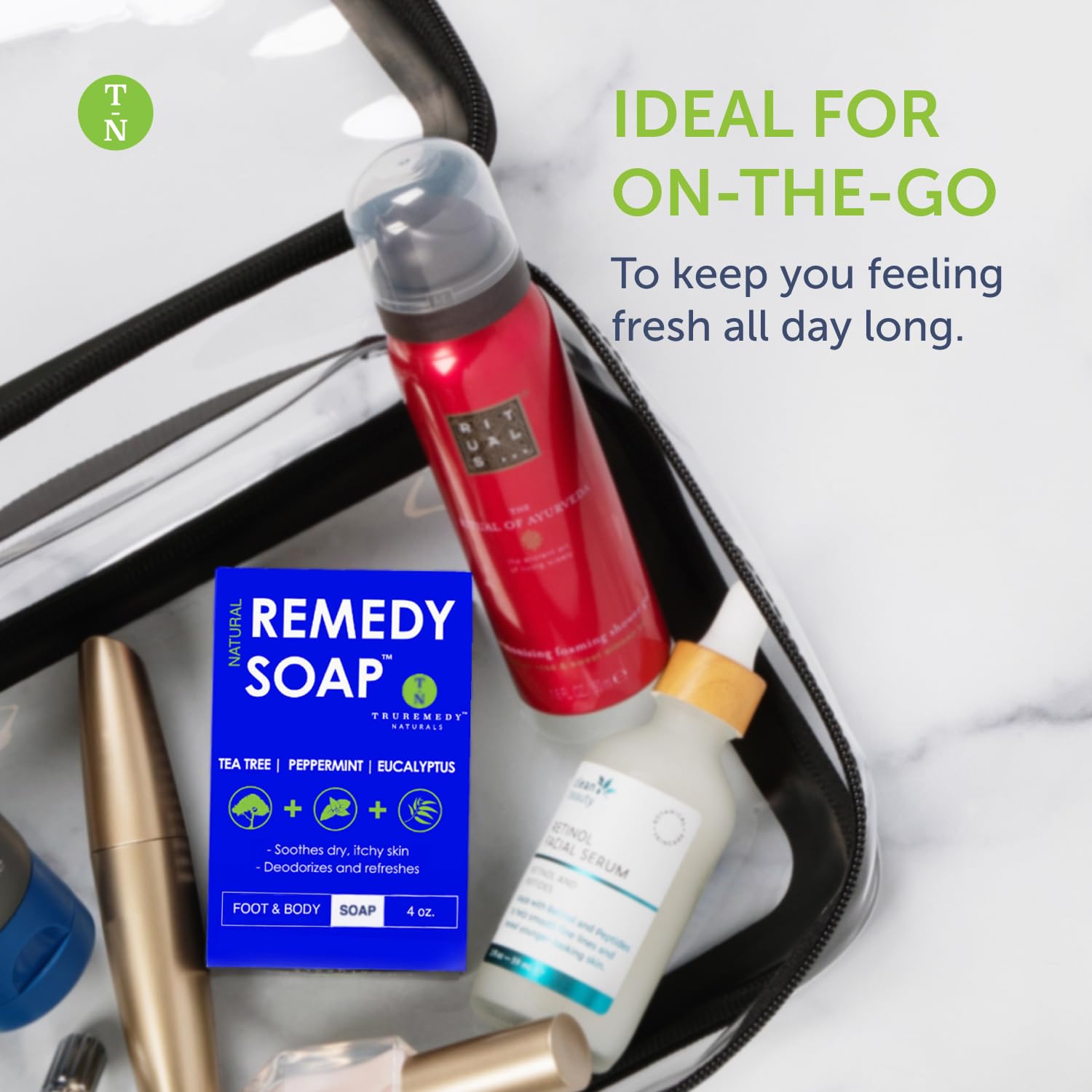 Truremedy Naturals soap being used in shower illustrating cooling, revitalizing benefit