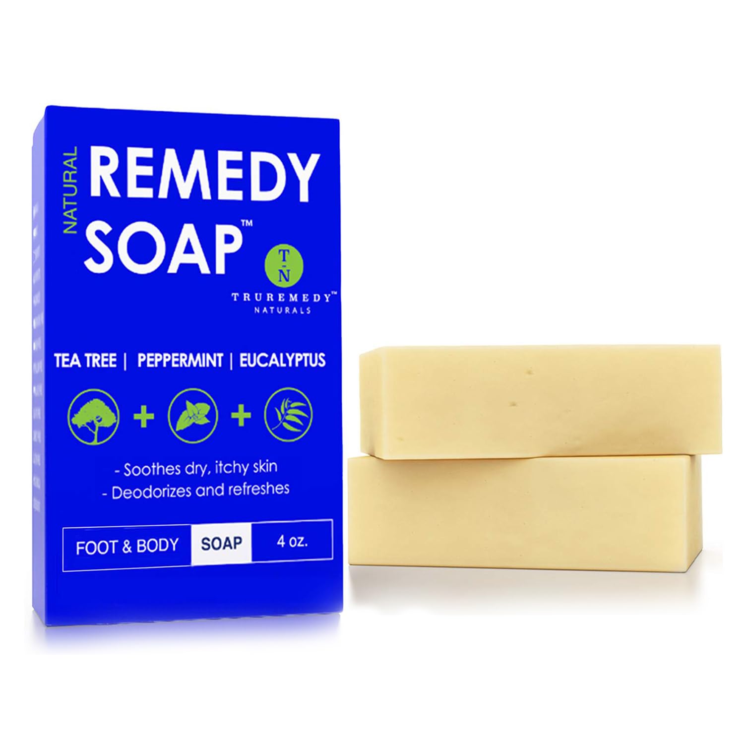 Truremedy Naturals soap front packaging showing refreshing peppermint blend benefit