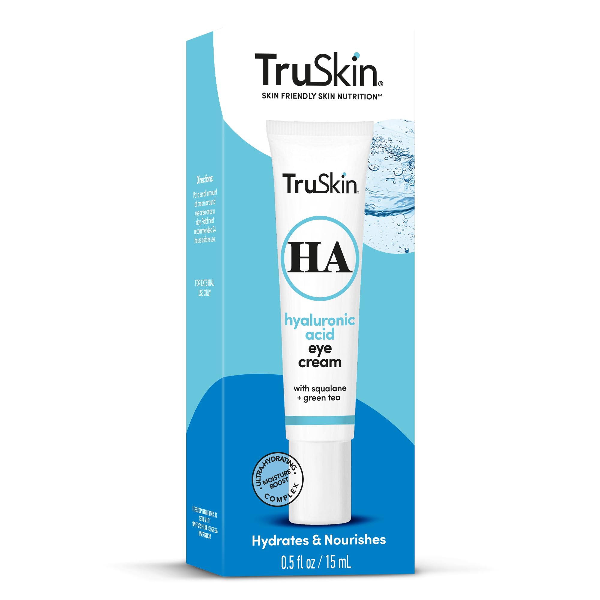 TruSkin product with green tea leaf illustrating antioxidant support for under-eye area