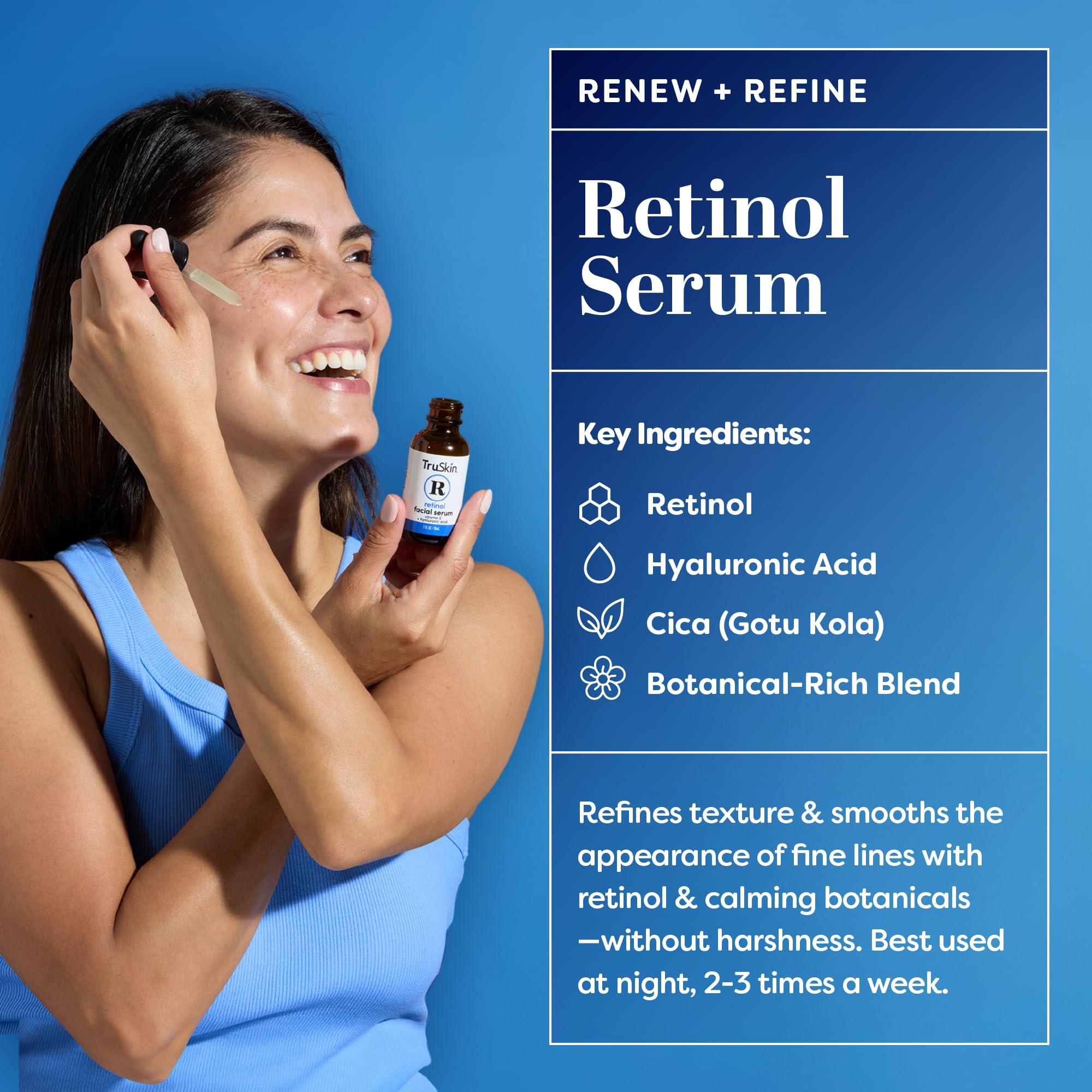 TruSkin applying retinol serum at night to support overnight skin renewal