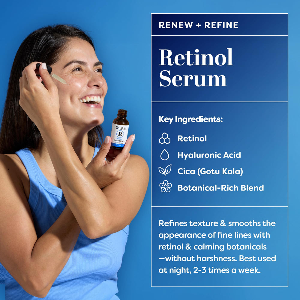 TruSkin applying retinol serum at night to support overnight skin renewal