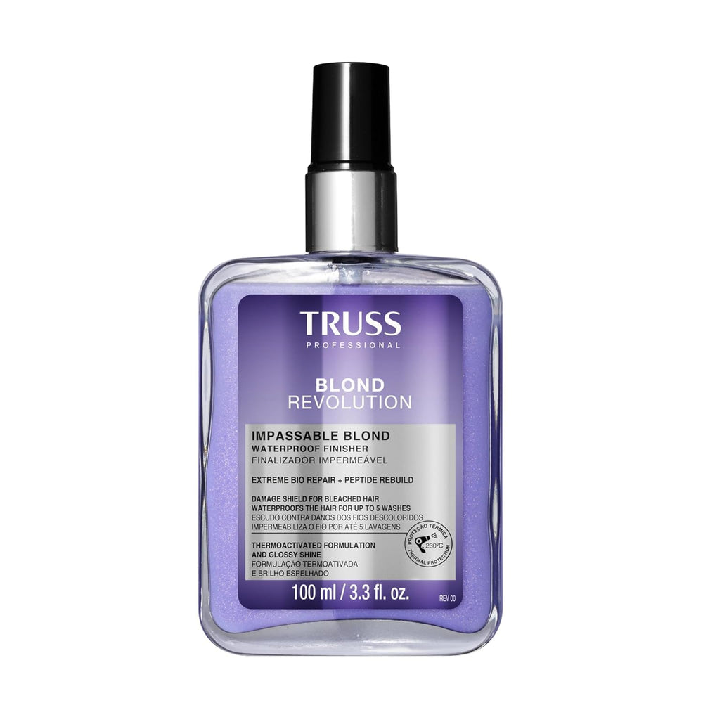 TRUSS front packaging of Blond Revolution spray showing compact bottle and label benefits