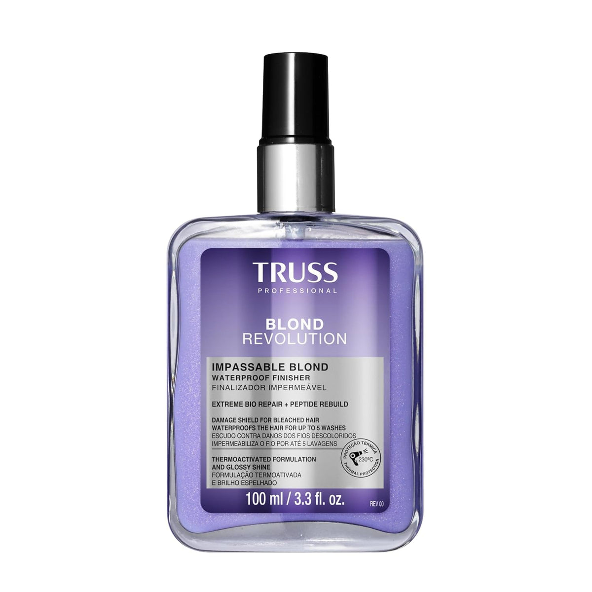 TRUSS front packaging of Blond Revolution spray showing compact bottle and label benefits