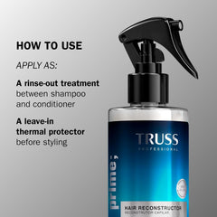 Applying TRUSS Deluxe Prime on wet hair to improve elasticity and reduce breakage