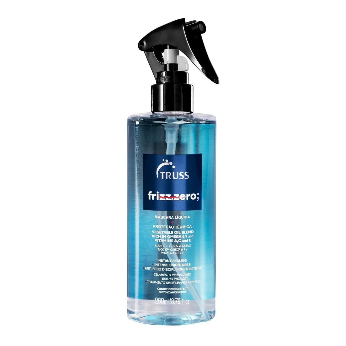 TRUSS bottle front view showing product and benefit of frizz control