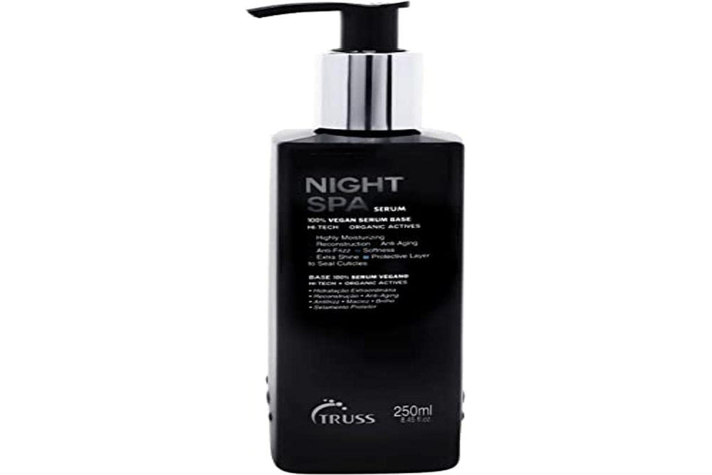 TRUSS Night Spa Hair Serum front packaging showing bottle and overnight treatment benefits