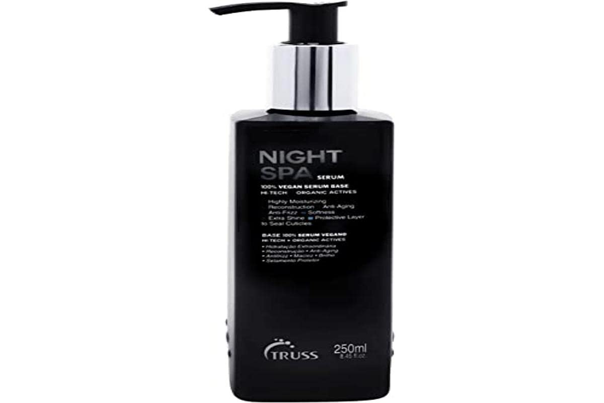 TRUSS Night Spa Hair Serum front packaging showing bottle and overnight treatment benefits