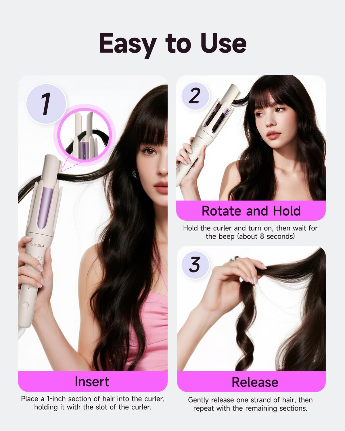 TSUYAGLA curling iron held to show scale, comfortable grip benefit