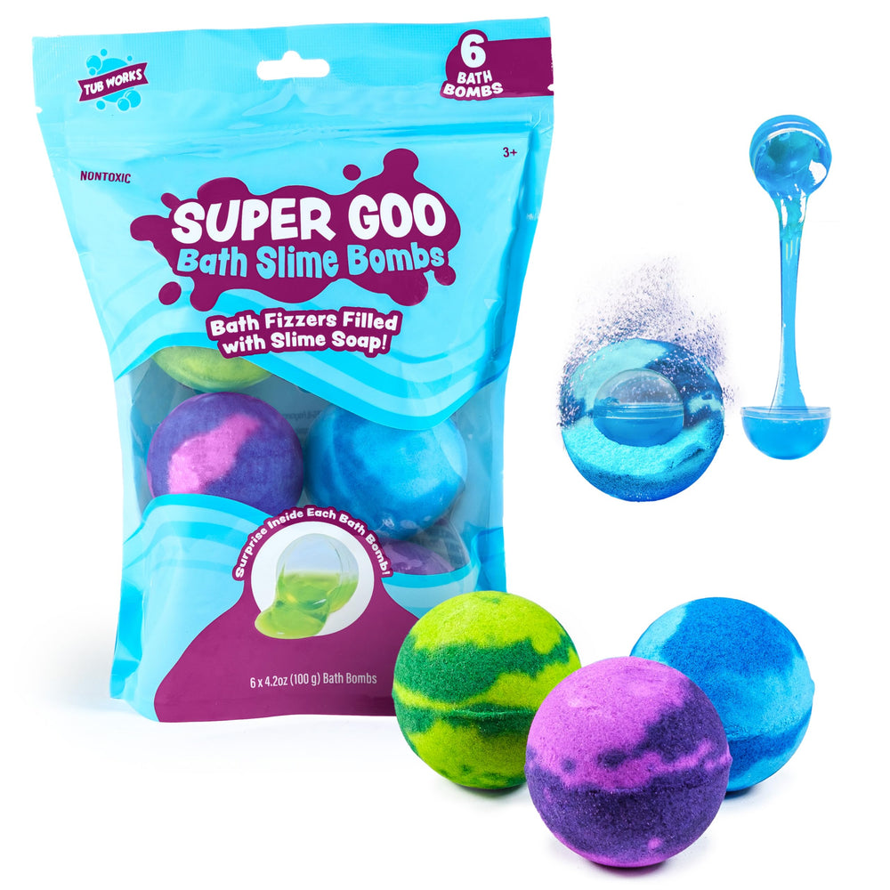 Tub Works display in a bathroom setting with fruity-scented bombs, suggesting fun bathtime atmosphere.