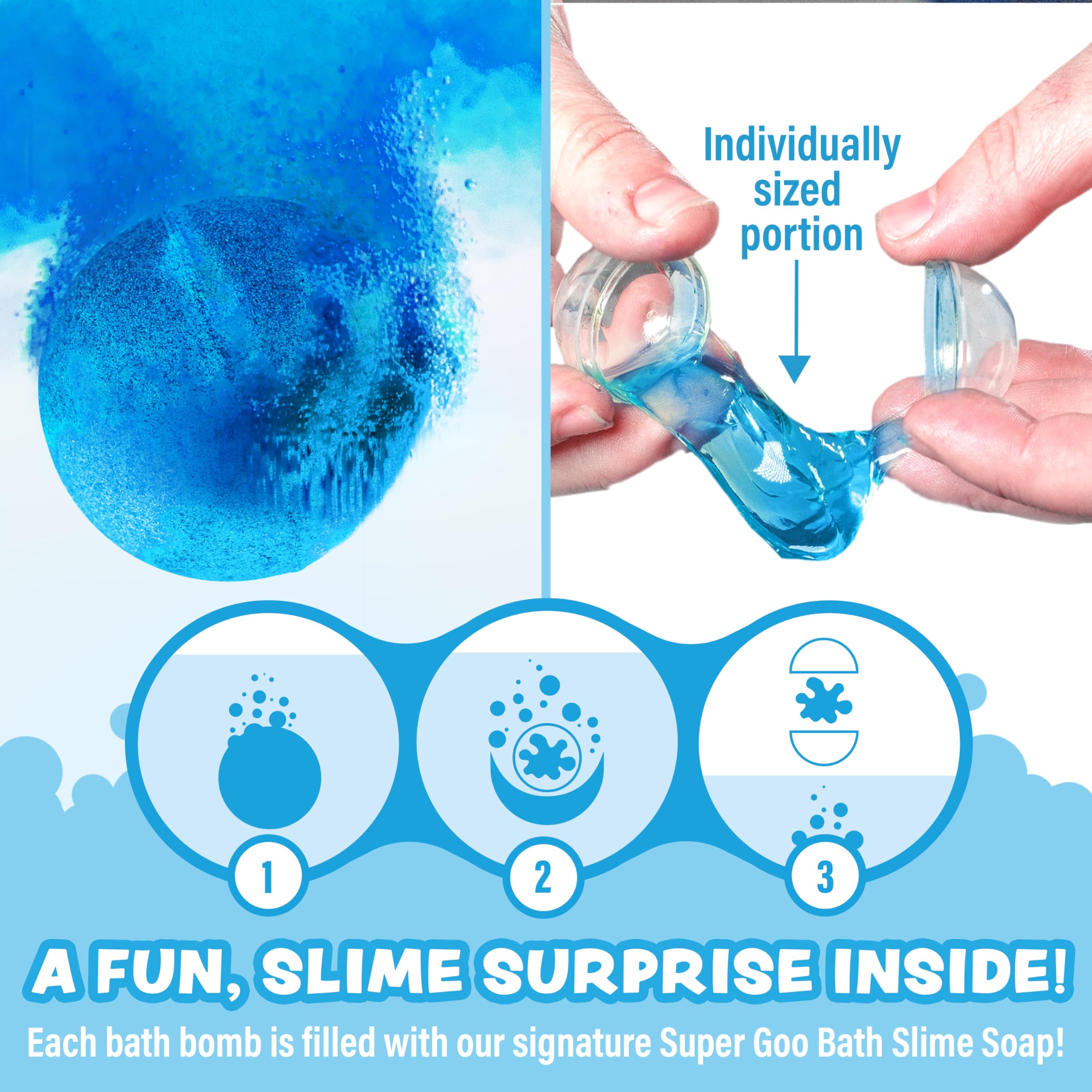 Tub Works Super Goo slime close-up showing stretchy texture for tactile play and easy lathering.