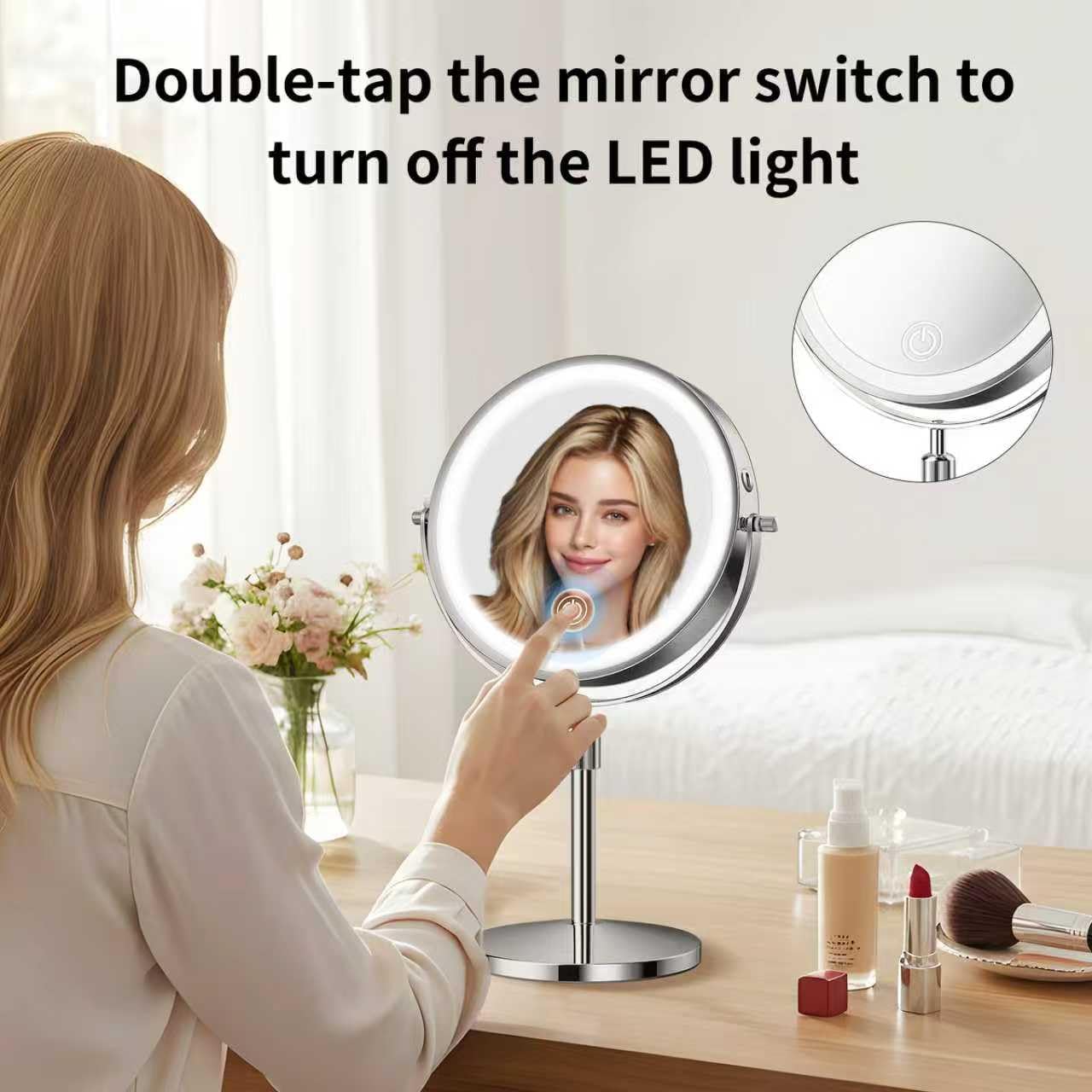 tubbede mirror rotated to angle demonstrating 360-degree positioning benefit