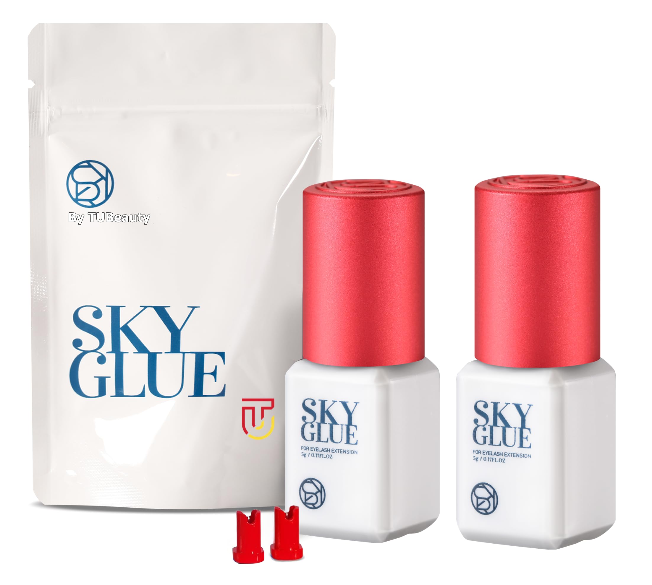 TUBeauty Sky Glue S+ front packaging showing two bottles and benefits