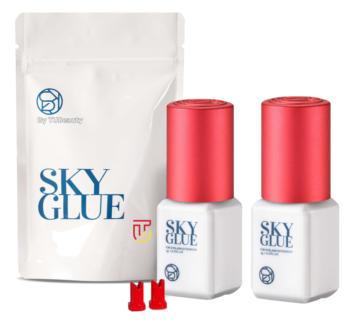 TUBeauty Sky Glue S+ front packaging showing two bottles and benefits