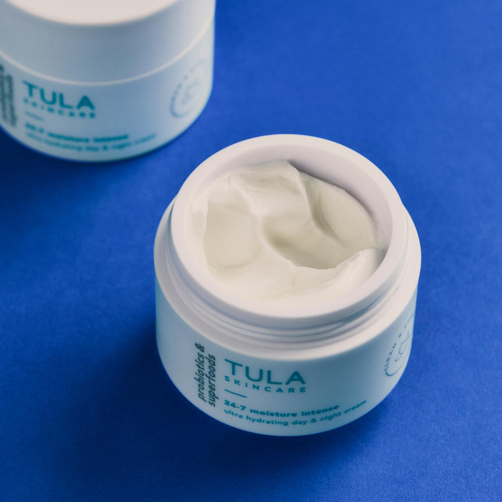 TULA open jar close-up of creamy texture, highlights rich hydration feel