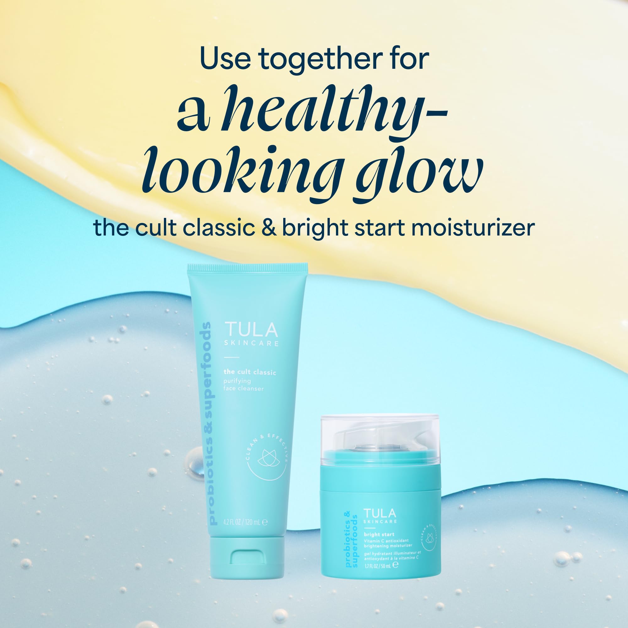 TULA Bright Start in bathroom lifestyle scene showing morning routine and layering under SPF