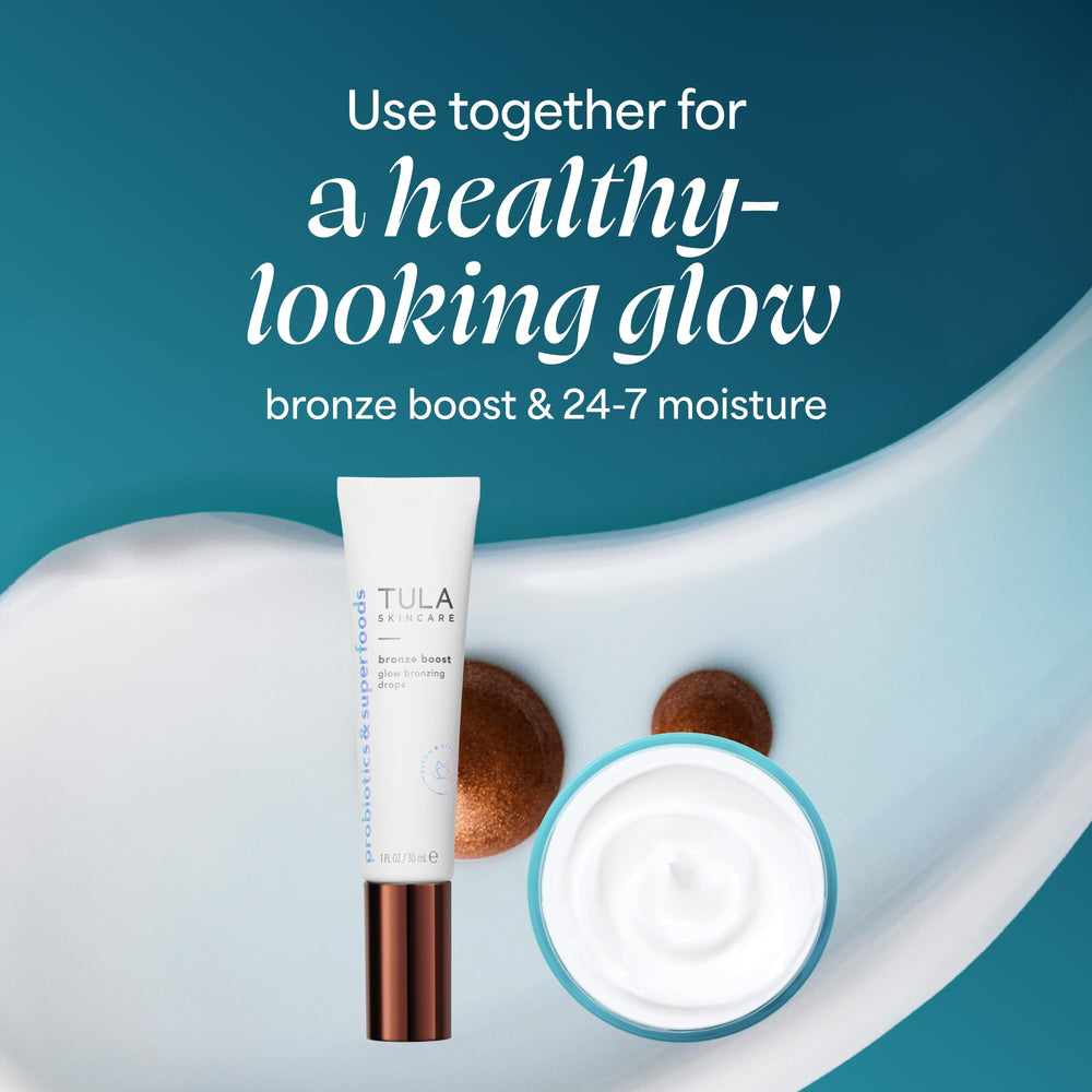 TULA bottle in a makeup bag on countertop, convenient everyday beauty booster