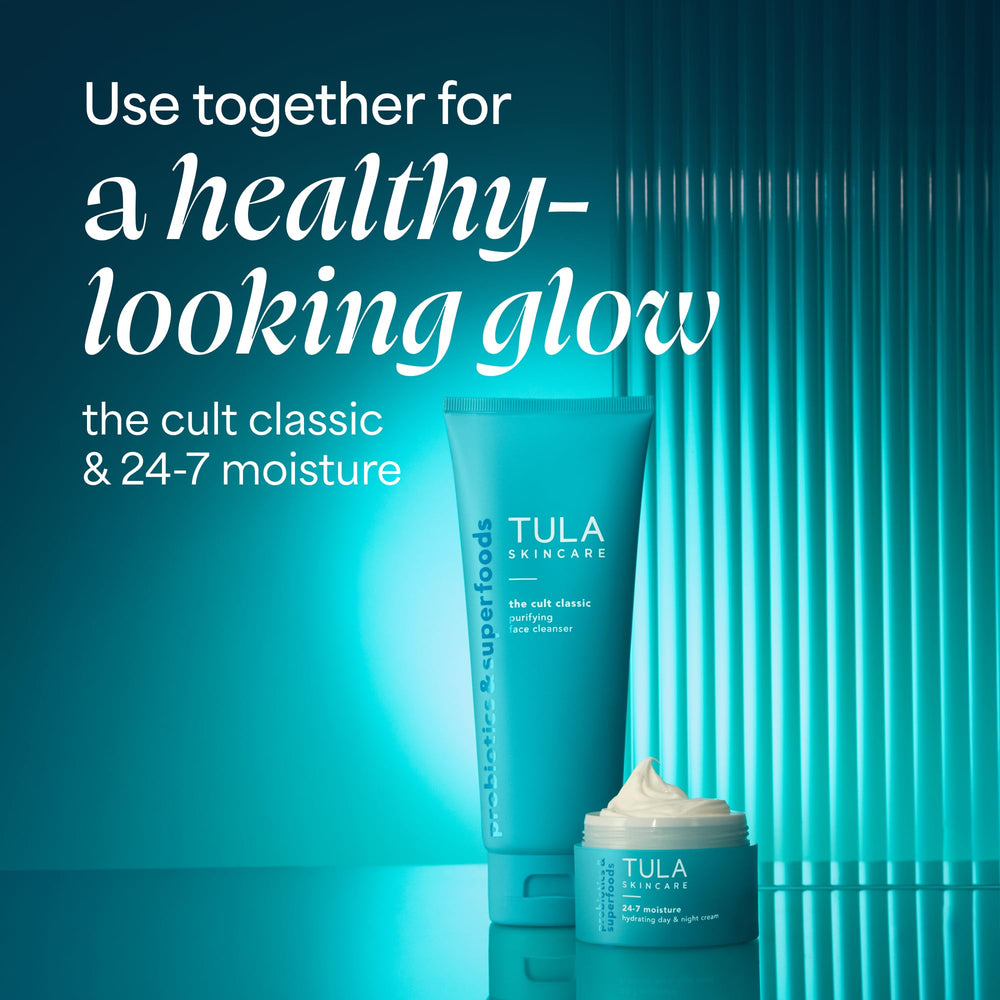 TULA in bathroom routine placed next to serum and cleanser to show layering use
