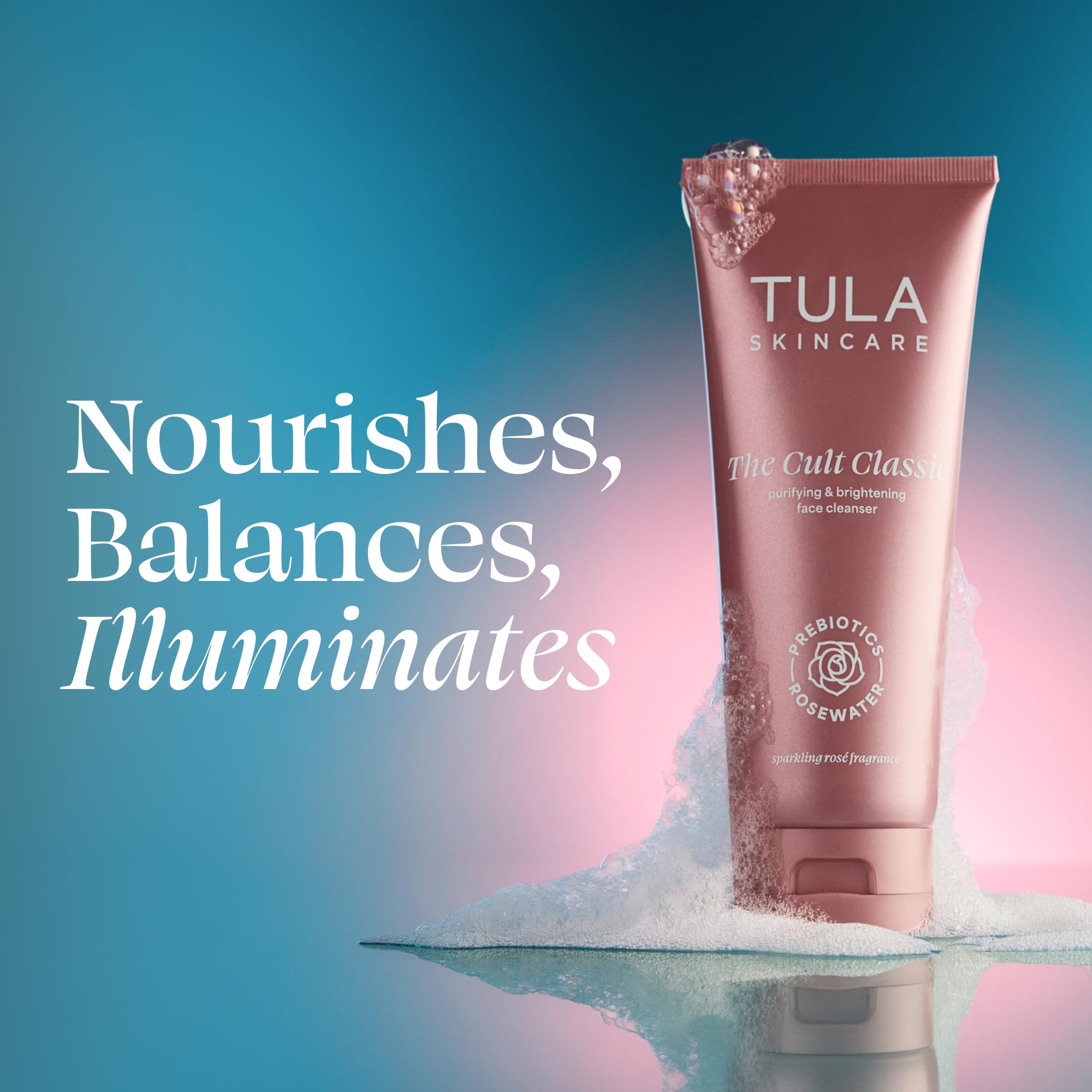 TULA cleanser poured onto wet skin showing quick rinsing benefit