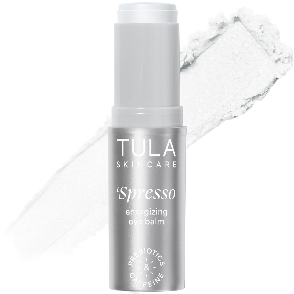 TULA Spresso Iced front packaging showing compact cooling eye balm benefit: portable brightening