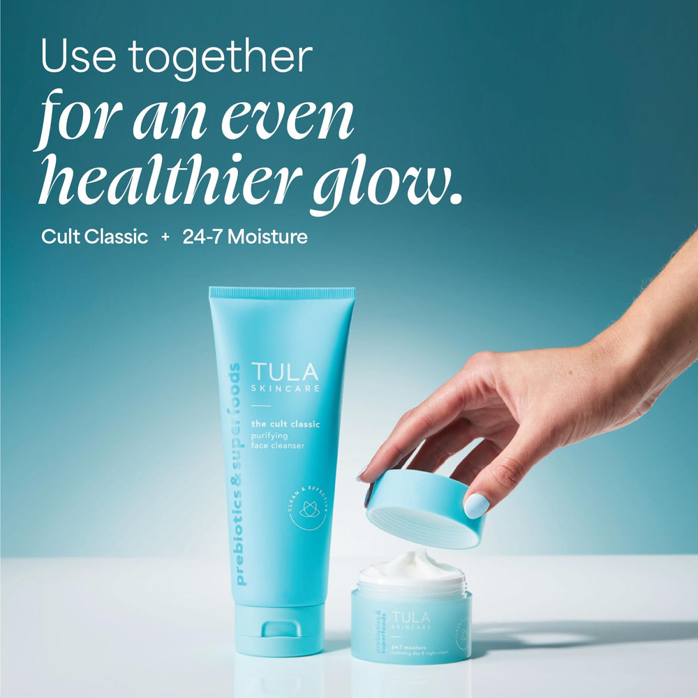 TULA compact bottle in travel pouch showing on-the-go skincare ease