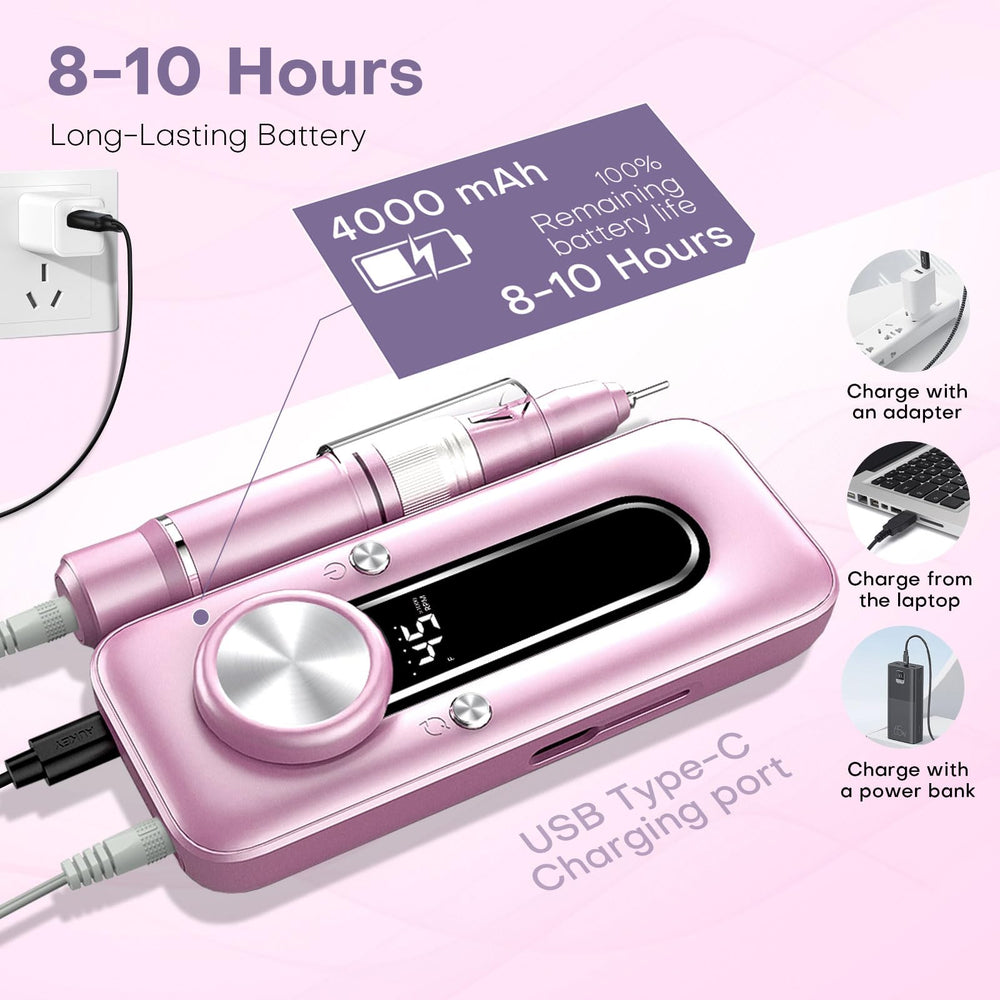 TUOBEO kit bits and 56 sanding bands laid out for versatile nail services