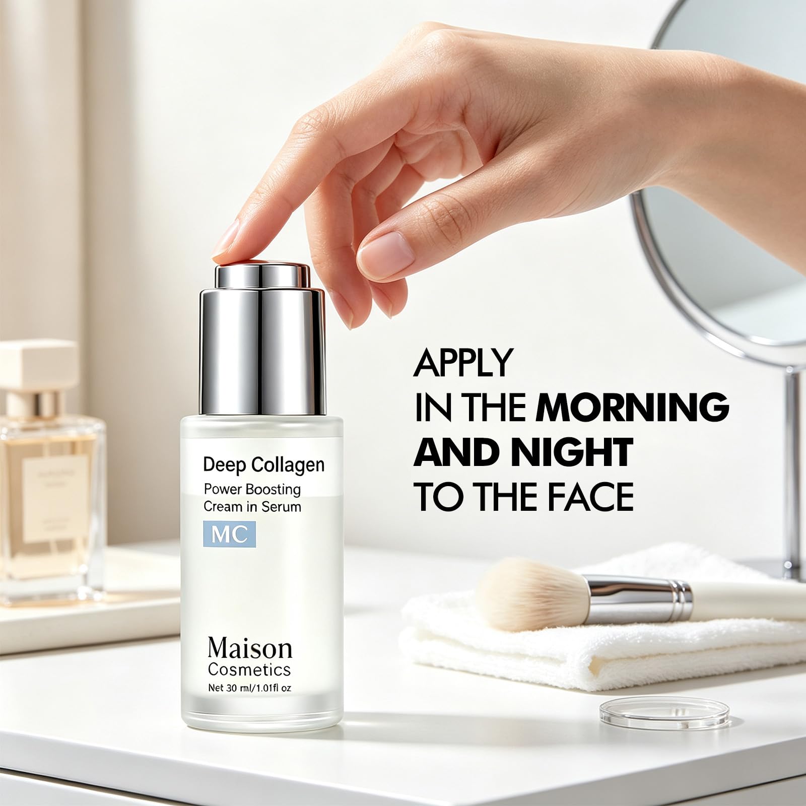 TUODAW bottle staged in bathroom shelf lifestyle, blends into daily skincare setup