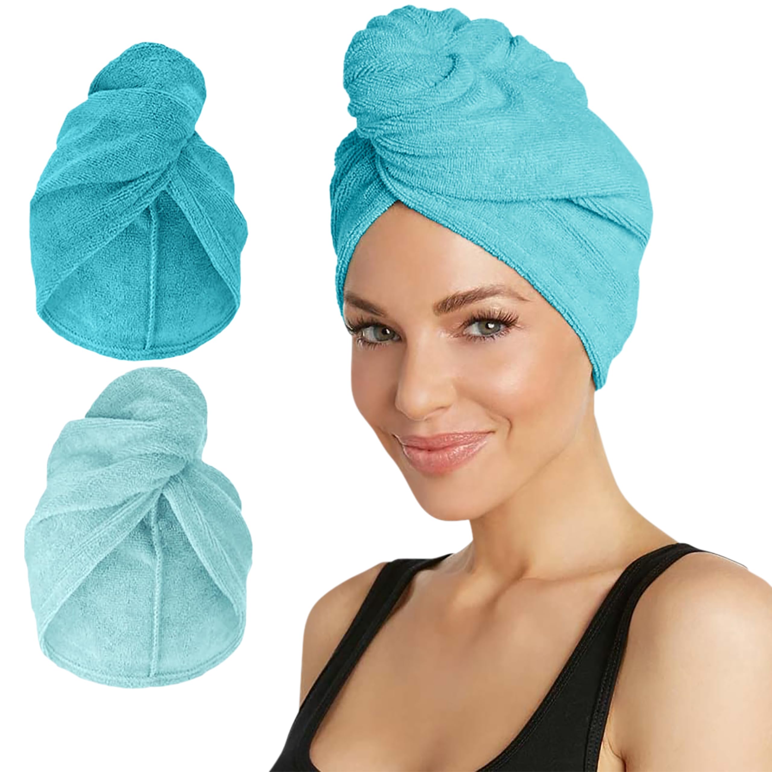 Turbie Twist front view of two-pack showing dark and light aqua — fast drying convenience