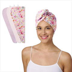 Turbie Twist front packaging showing three floral towels with quick-dry benefit