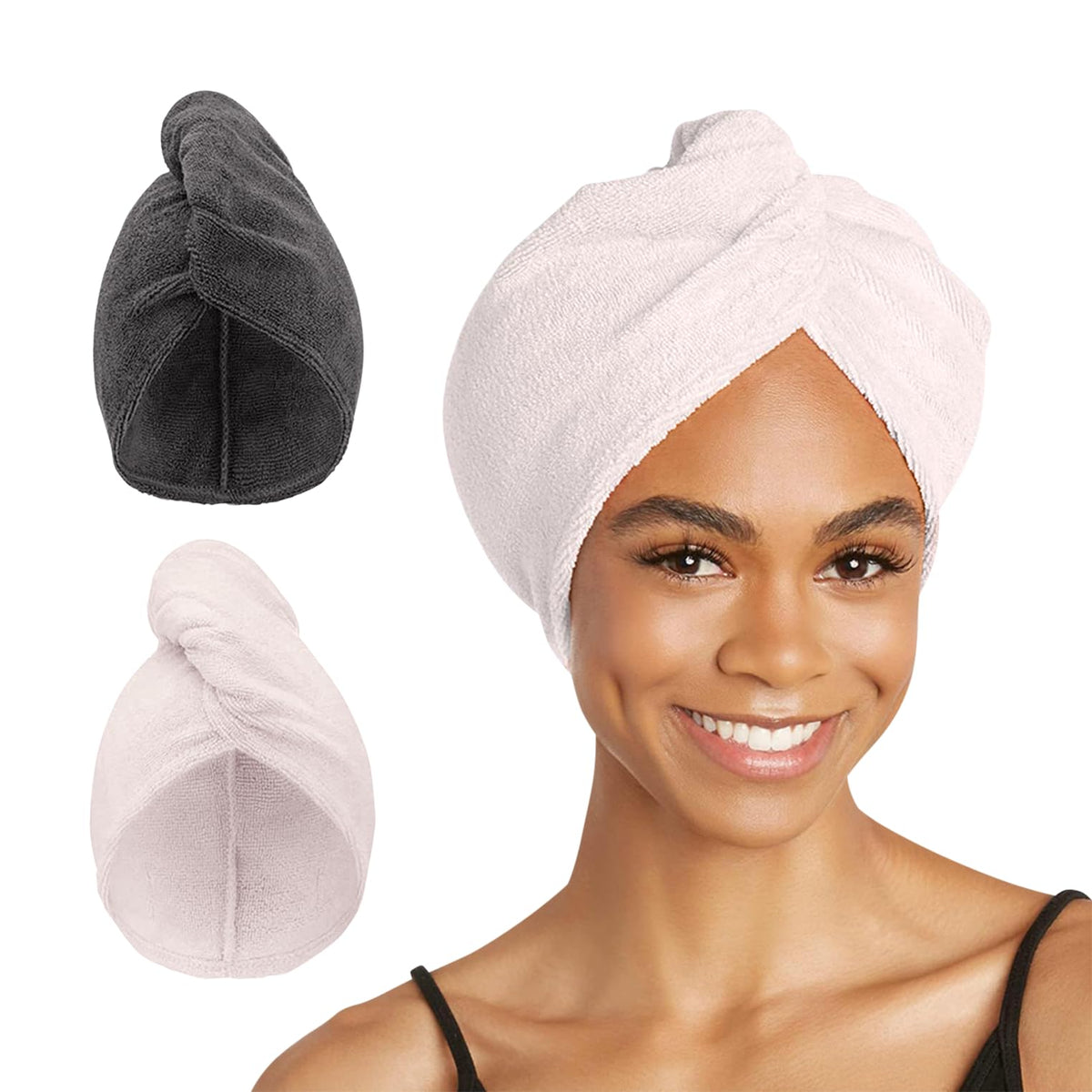 Turbie Twist front packaging showing grey and light pink towels for quick drying