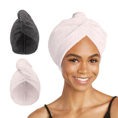 Turbie Twist front packaging showing grey and light pink towels for quick drying