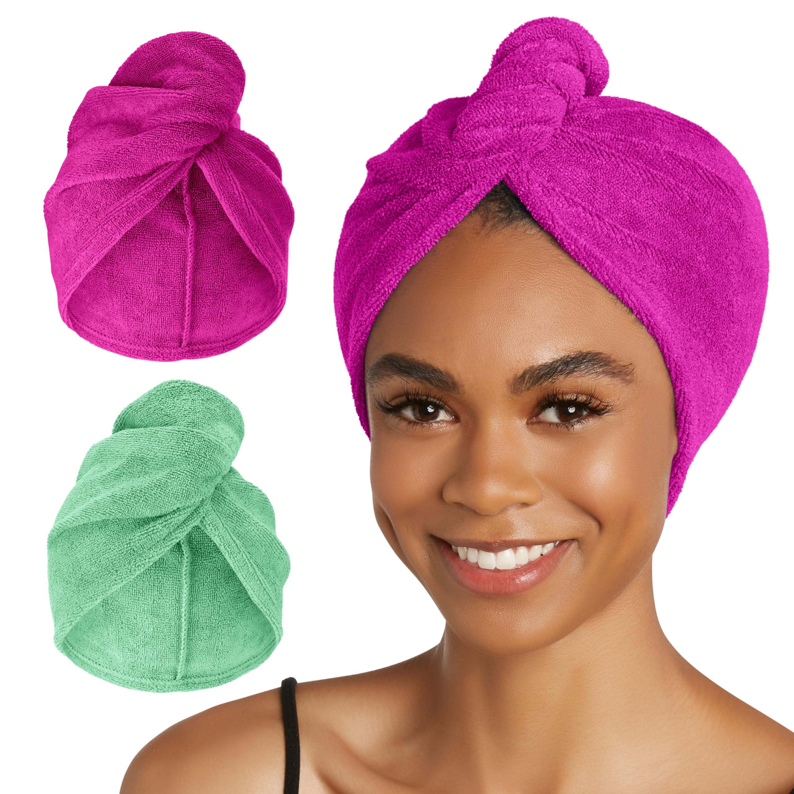 Turbie Twist front view showing both Kelly Green and Wild Aster colors and fast drying benefit