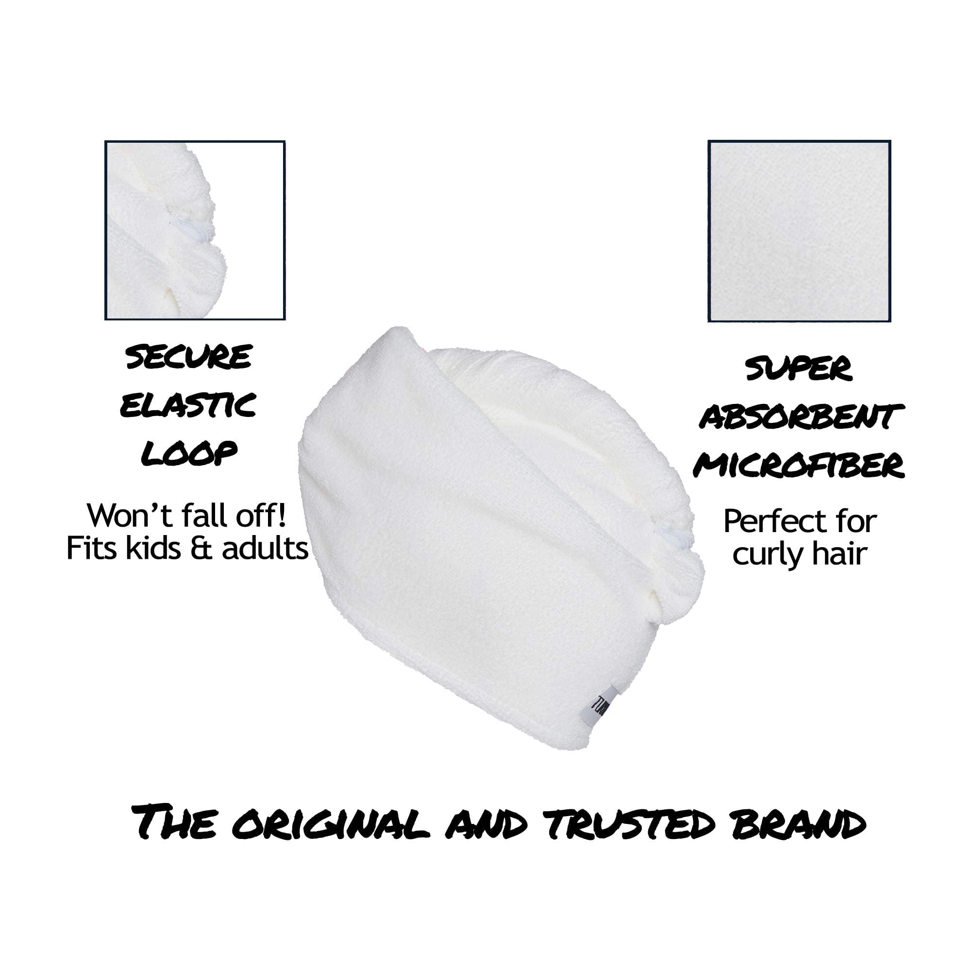 Two Turbie Twist towels folded on vanity demonstrating the white 2-pack ready for daily use