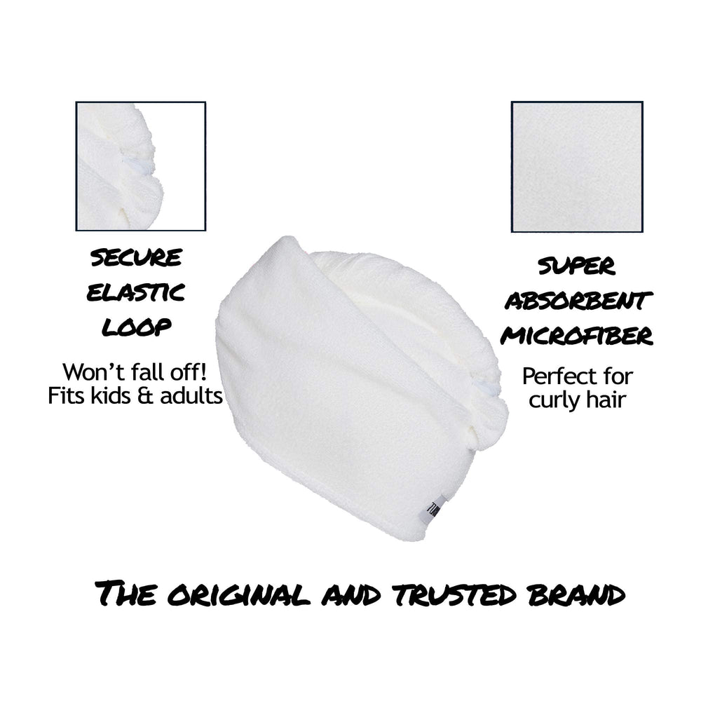 Two Turbie Twist towels folded on vanity demonstrating the white 2-pack ready for daily use