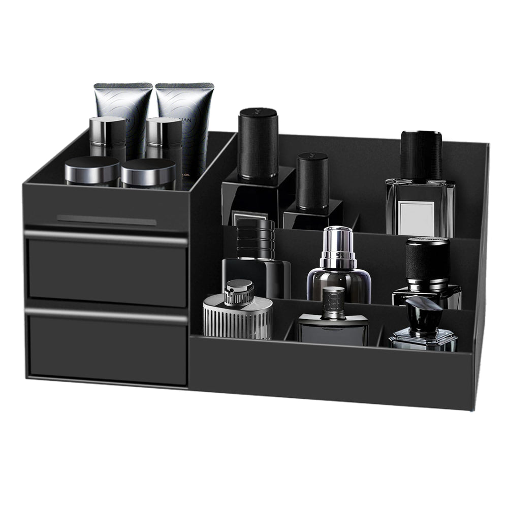 Turesmith front view showing organizer holding cologne and grooming items, keeps countertop neat