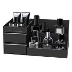 Turesmith front view showing organizer holding cologne and grooming items, keeps countertop neat