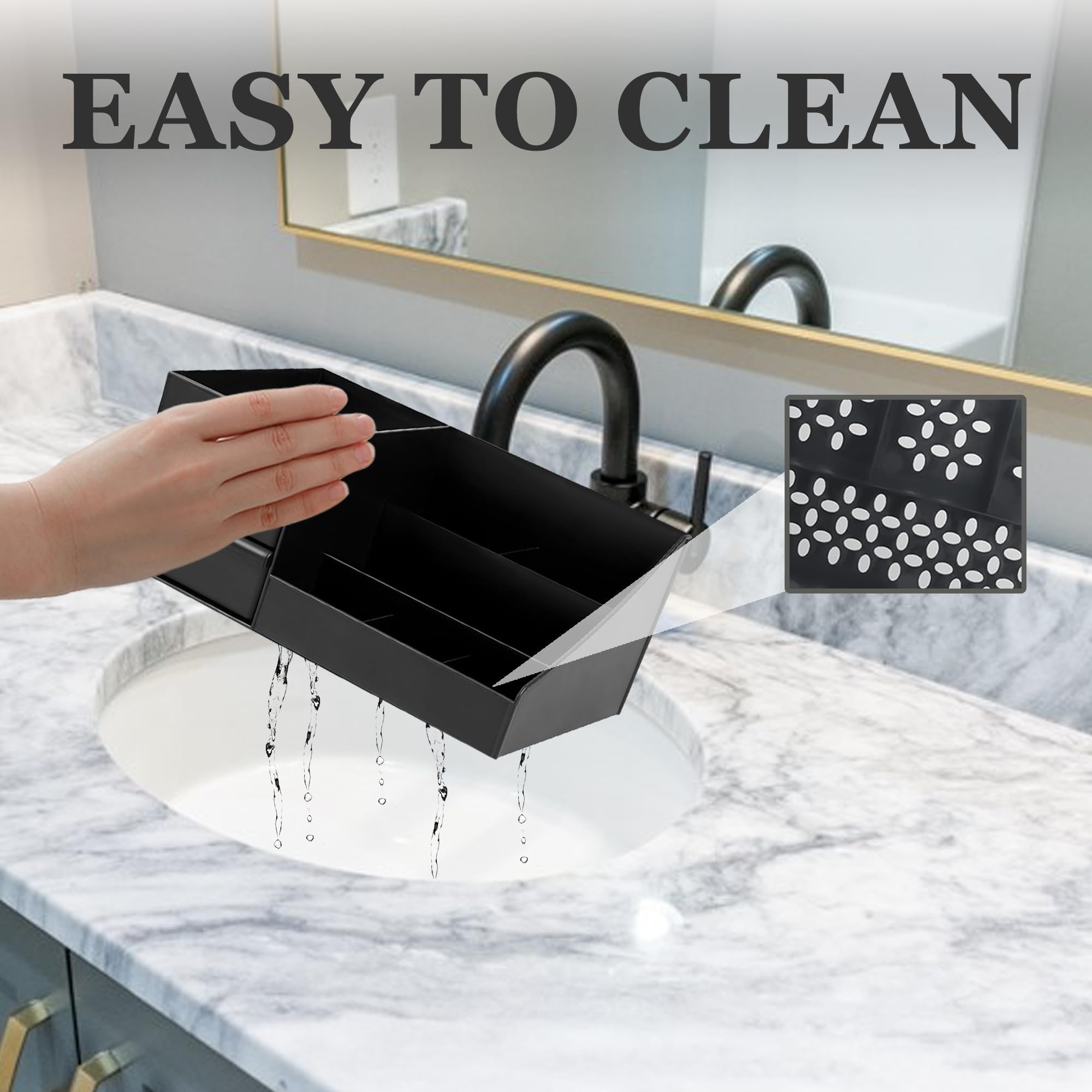 Turesmith styled on bathroom vanity with bottles, offering tidy and accessible grooming storage